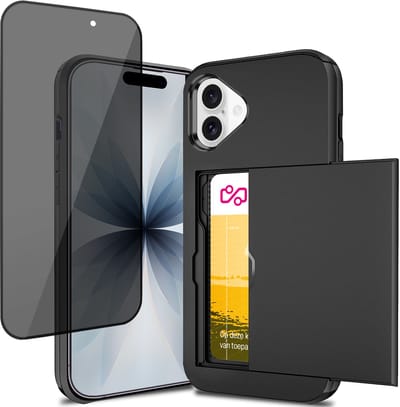 Hoesje met Pasjeshouder geschikt voor iPhone 17 - Privacy Screen Protector FullGuard - Back Cover SlideCase Zwart & Screenprotector
