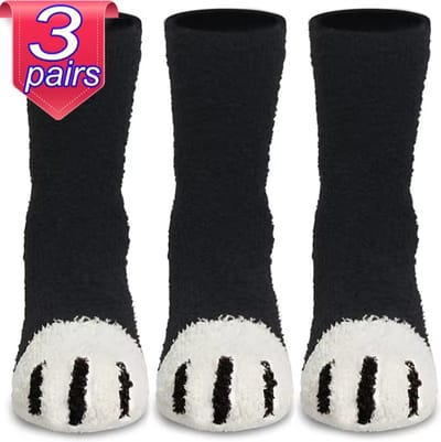 Fluffy dames sokken - 3 paar - huissokken - zwart - wit - print kattenpoten - maat 36 - 40 - cadeau - voor haar