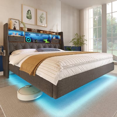 MIVRAY Gestoffeerd Bed 160x200 cm - Tweepersoonsbed Met LED Verlichting en Oplaadpunt - Met Opberghoofdbord en Lattenbodem Zonder Matras - Stof - Grijs