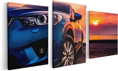 Artaza Canvas Schilderij Drieluik Blauwe Sportwagen Auto Bij Zonsondergang - 120x60 - Foto Op Canvas - Canvas Print