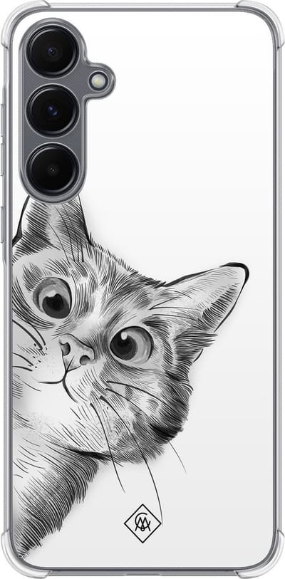 Casimoda® hoesje - Geschikt voor Samsung Galaxy A35 5G - Kat Kiekeboe - Shockproof case - Extra sterk - TPU/polycarbonaat - Grijs, Transparant