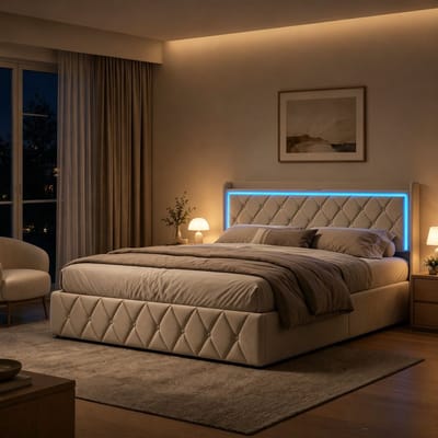 Tweepersoons Opbergbed 160x200 cm | Modern Gasveerbed met LED Verlichting & USB Lader | Fluweel Beige