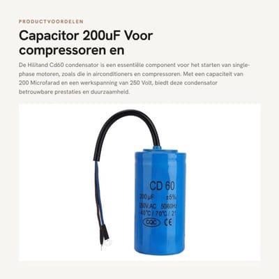 Capacitor - 200uF - Voor compressoren en motoren - 250V - Betrouwbare energieopslag - Hoogwaardige componenten - Geschikt voor diverse to...