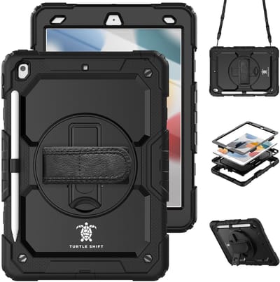 Geschikt Voor iPad 9/8/7 Hoes - 9e/8e/7e Generatie - 10.2 Inch - 2021/2020/2019 - Cover Hoesje - Schouderriem - Handriem - Shockproof - Case - Met Standaard - Apple Pencil Houder - Zwart