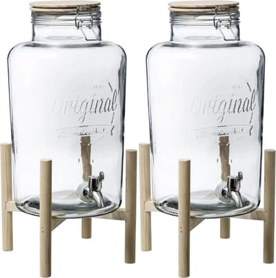Secret the Gourmet drankdispenser - 2x - transparant - 8 liter - glas/kunststof/hout - sapdispenser - limonade dispenser - feestservies