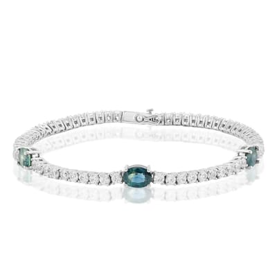 Cavill - Luxe Zilveren Armband Platina Verguld - 3 Petrolkleurige Ovale Saffieren 2,844 ct - 60 Zirkonia 5,739 ct - Flexibele Armband Kliksluiting