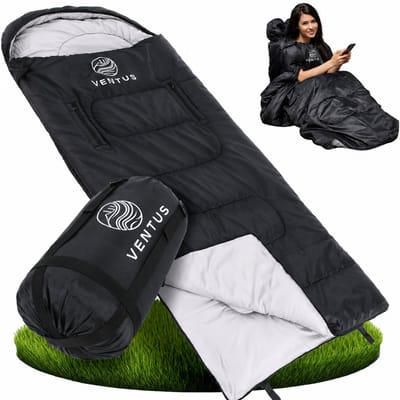 Ventus Tri-Season Slaapzak - Slaapzakken Volwassenen & Kind - Sleeping Bag - Lichtgewicht - Dekenmodel - 220 x 83 cm - Zwart