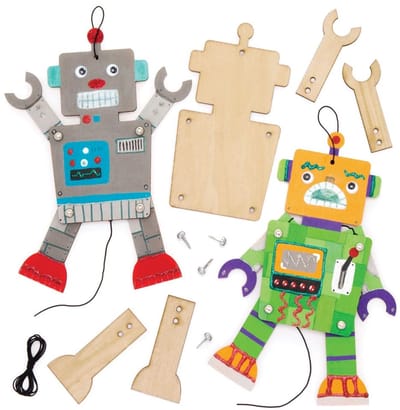 Knutselsets houten figuren "Roboter" (4 stuks) – beweegbare pop met beweegbare armen en benen voor kinderen om vorm te geven
