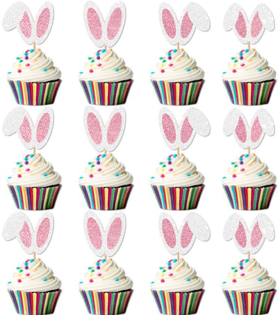 Daity Verpakking van 24 cupcakeversieringen in de vorm van paashaasjesoortjes - glinsterende roze cupcakeversieringen met paashaasjes - cupcakeversieringen met paashaasjes - taartversieringen met paashaasjes - feestartikelen (roze)