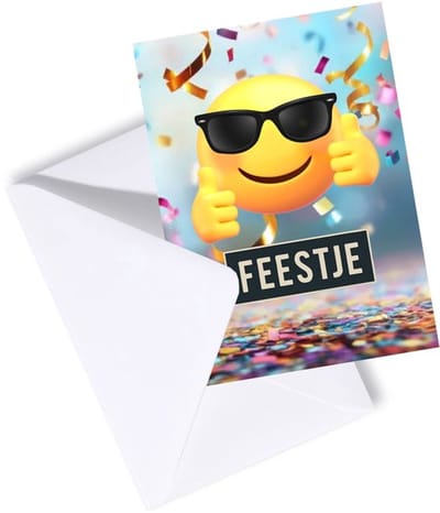 Uitnodiging kinderfeestje - Uitnodigingskaarten - Set 10 stuks met enveloppen - Jongen Meisje - Smiley met Zonnebril