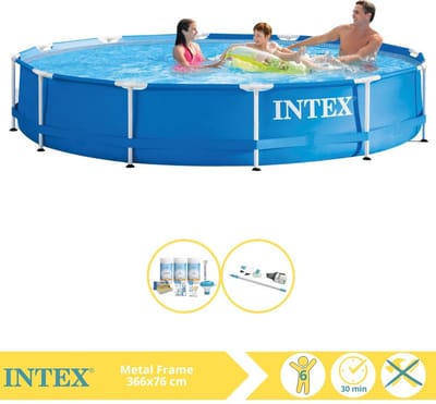Intex Rond Frame Zwembad - 366 x 76 cm - Blauw - Inclusief Onderhoudspakket - Stofzuiger - 3-delig