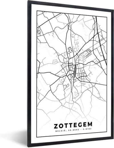 Fotolijst incl. Poster Zwart Wit- Zwart Wit – België – Plattegrond – Stadskaart – Kaart – Zottegem - 40x60 cm - Posterlijst