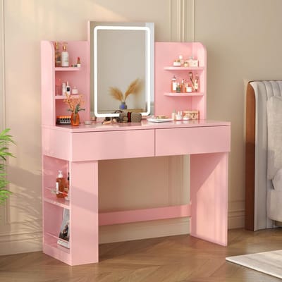 Kaptafel met Spiegel - Make-up meubel - Snel Klaarmaken - Verstelbare LED verlichting - 108 x 40 cm - Roze