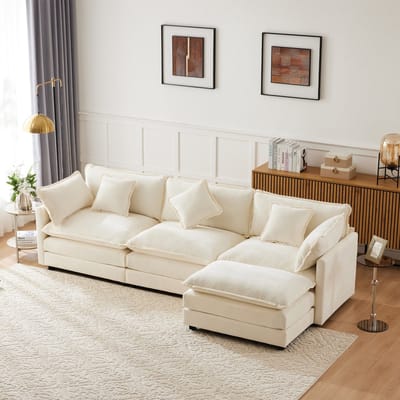 Sweiko L-vormige Bank - Chenille stof - 3-zits gestoffeerde bank - 3 kussens - Hoekbank - Beige