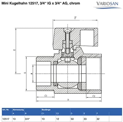 Mini kogelkraan 3/4" IG x 3/4" AG - chroom voor watervoorziening en verwarming