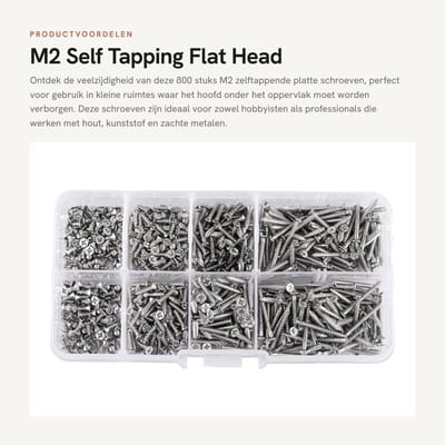 Dailygoods- Zelftappende Schroeven 800 Stuks - Platte Kopschroeven - Kruiskop - Voor Hout - Diverse Maten M2 × 4-20 mm - Ideaal voor Kleine Ruimtes