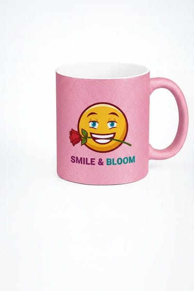 Roze Glitter Mok 'Smile & Bloom' Emoji Roos | Unieke Cadeau Beker