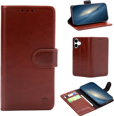 Casemania Echt Leren Hoesje Geschikt voor Apple iPhone 17 - Chestnut Brown - Leer Book Cover - Portemonnee Telefoonhoesje met Pasjeshouder