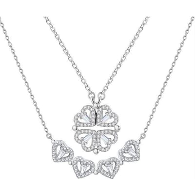Dames Ketting - Klavertje Vier - Afneembare Hanger - Zilverkleurig - Zirconium - Valentijnsdag Cadeau white
