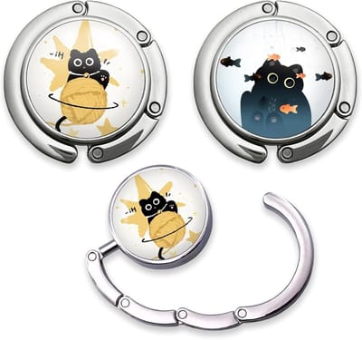 Set van 2 Vouwbare Tas Haken met Schattig Zwart Kat Patroon voor Tafel - Ideaal voor Reizen, Winkelen en Thuisorganisatie