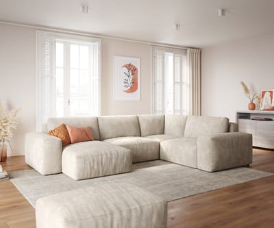 Woonlandschap Lanzo ribcord beige 300x210 cm met variabele recamière en hocker
