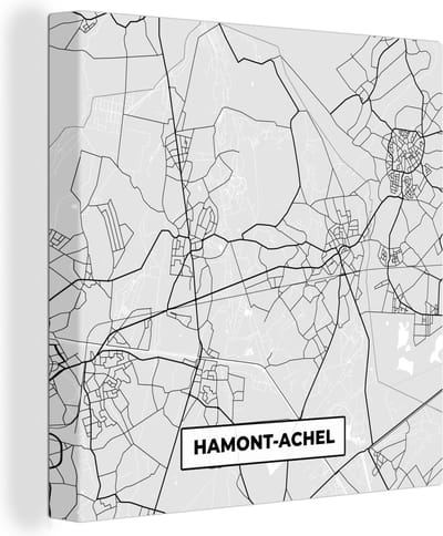 Canvas Schilderij Kaart – Plattegrond – Stadskaart – Hamont Achel – België – Zwart Wit - 20x20 cm - Wanddecoratie
