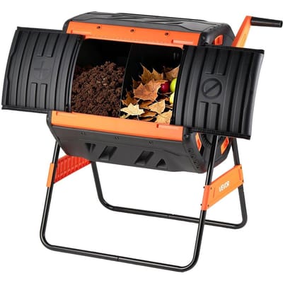 Compostbak, 200L Dubbelkamer Buiten Draaibare Composter met 2 Schuifdeuren en Beluchtingssysteem, Grote Makkelijk te Draaien Snel Roterende Composteerbak