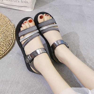Grande Taille 36 -41 Nouvelles Ballerines d'Été à Boucle pour Femmes Talons Plats Chaussures Noires Argentées pour Femme Adulte Sandales à Plateforme Décontractées 40 argenté