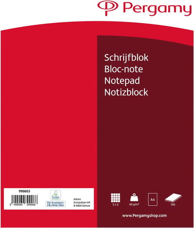 Pergamy schrijfblok, 60 g/m², ft A4, 100 vel, geruit 5 mm