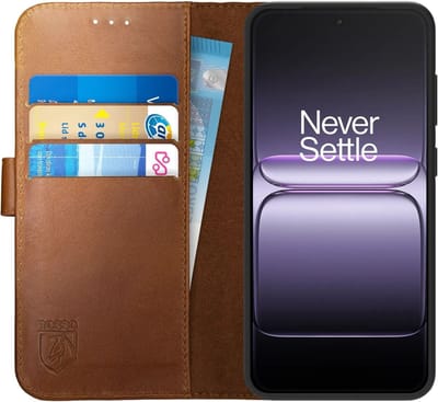 Rosso Deluxe Echt Leer Hoesje Geschikt voor OnePlus Nord 6 | Ruimte voor drie pasjes | Portemonnee Book Case | Met Pasjeshouder | Bruin