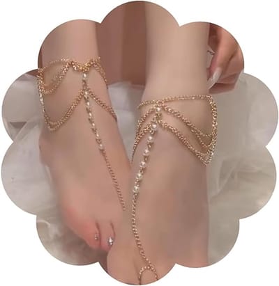 Enkelbandje - 2 stuks- Voetsieraad - Elegant enkelbandje - Kwastje met parels - Ontwerp met meerdere kettinkjes - Geschikt voor feestjes en bruiloften - Exquisite voetaccessoires - Verstelbare enkelbandjesset - Goud
