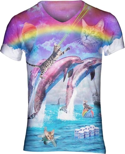 Dolfijn Kattenshirt Festivalshirt - Maat: S - V-hals - Feestkleding - Festival Outfit - Fout Feest - T-shirt voor festivals - Rave party kleding - Rave outfit - Dolfijn shirt