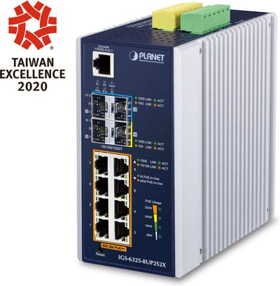 PLANET IP30 DIN-rail Industrial L3 8P Managed Gigabit Ethernet (10/100/1000) Aluminium, Blauw