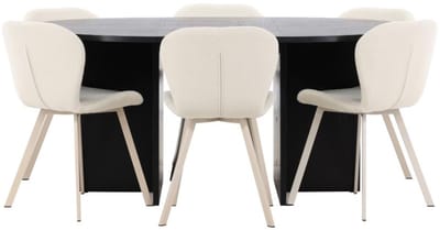 Strada eethoek uittrekbare tafel Ø120cm, 170cm en 6 stoelen zwart, beige.