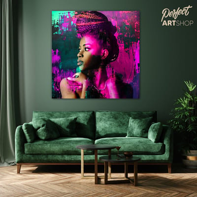 BEAUTIFUL AFRICAN WOMAN: 80x80cm Aluminium. Decoratie - Modern - Zwart - Blauw - Groen - Roze - Vrouw - Afrika