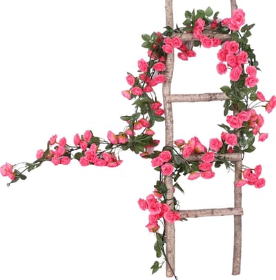 Bloemenslinger Fiets en Interieur - 69 Mini Rozen Donker Roze - Stijlvolle Bloemenstreng voor Fietsmand of Stuur - 180 CM Bloemen - Plastic Kunstbloemen Fiets Slinger