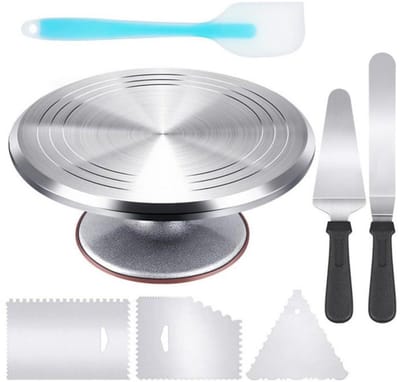 GELLDG 7 Stuks Tortenplaat Set - Ddraaibare Taartplateau - 31x10,41 cm Aluminiumlegierung - Stevig, Stabiel, Duurzaam en Makkelijk Schoon te Maken - Geschikt voor Taartdecoratie & Bakken - Incl. 2 Spatels en 3 Deegschrapers