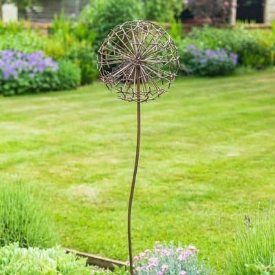 Dailygoods- Tuin Ornament Roestig Metaal - Paardenbloem Hoofd - 122cm Hoog - Tuindecoratie - Cadeau - Verstelbare Paal