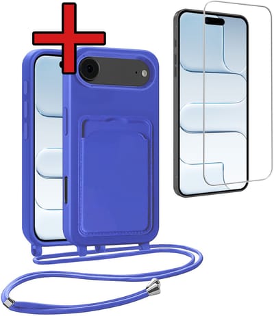 Hoesje Geschikt voor iPhone Air Hoesje Met Telefoonkoord en Pasjeshouder Met Screenprotector Siliconen - Hoes Geschikt voor iPhone Air Hoesje Met Kaarthouder Case - Felblauw