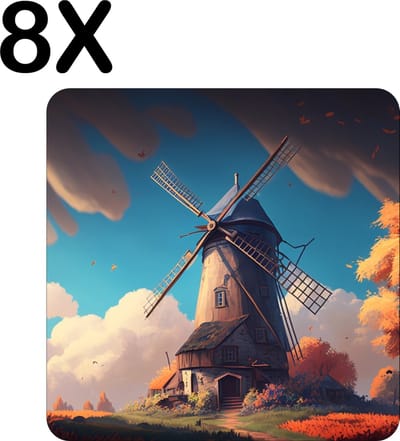 Luxe Placemat - Tekening van een Molen in de Herfst - Set van 8 Placemats - 50x50 cm - 2 mm dik Vinyl - Anti Slip - Afneembaar