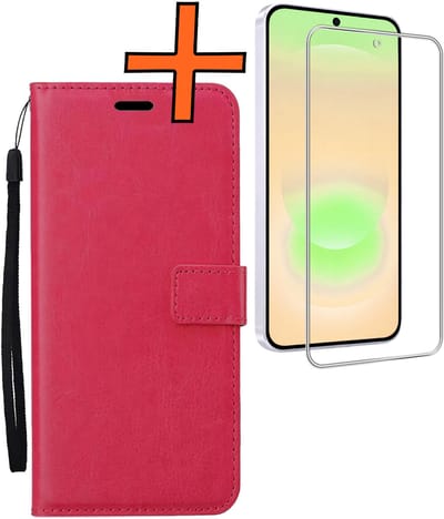 Hoes - Met Screenprotector - Geschikt voor Samsung Galaxy A37 - Luxe Pasjeshouder - Bookcase Portemonee - Flip Case - Kunstleer Book Case - Flipcase - Book Cover - Walletcase - PortemonneeHoes - Donkerroze