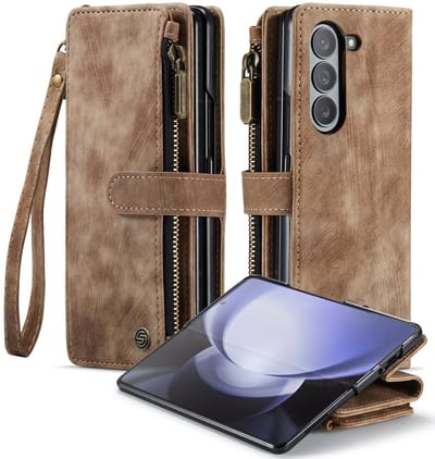 Geschikt Voor Samsung Galaxy Z Fold 6 Hoesje - Z Fold 6 Hoesje - Z Fold 6 Case - Backcover - Pu Leer - Met Polskoordje - Draadloos Opladen - Z Fold6 - Bruin