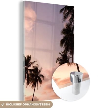 MuchoWow® Glasschilderij 120x180 cm - Schilderij acrylglas - Palmboom - Pastel - Zomer - Foto op glas - Schilderijen