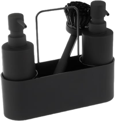 Afwasmiddeldispenser 300 ml voor keukenorganisatie: Zeepdispenser, 4-in-1 set met sponshouder, zwart ABS-materiaal, ideaal voor schoonmaken en opruimen
