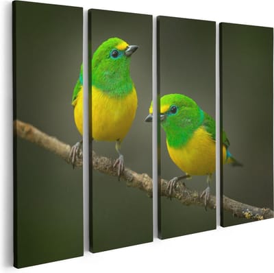Artaza Canvas Schilderij Vierluik Twee Groen Gele Zangvogels Op Een Tak - 80x60 - Foto Op Canvas - Canvas Print