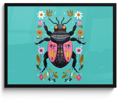 Poster in lijst - Fotolijst 70x50 cm - Posters - Kever - Bloemmotieven - Turquoise - Bladeren - Posterlijst zwart - Decoratie - Wanddecoratie woonkamer - Muurdecoratie slaapkamer