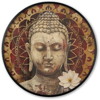 Poster in lijst Rond - Fotolijst 60x60 cm - Posters - Boeddha - Mandala - Bloem - Rood - Goud - Zen - Ronde posterlijst zwart - Decoratie - Wanddecoratie woonkamer - Muurdecoratie slaapkamer