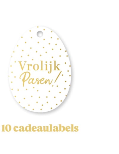 10x Cadeaulabel - VROLIJK PASEN - wit - goudfolie - paasei - paashaas - kaartje - naamkaartje - cadeautag - hangtag - cadeauhanger - leuk inpakken - naamlabel - cadeauversiering -