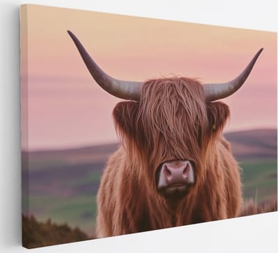 Saammp - Canvas Schilderij - Schotse Hooglander Koe - Zonsondergang - Dieren - Natuur - 30x20 - Foto op canvas - Wanddecoratie - muurdecoratie Woonkamer - Slaapkamer decoratie - Canvas Print