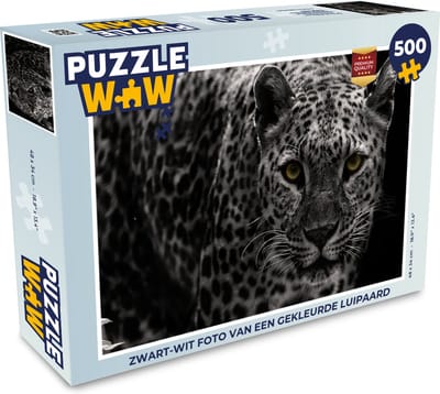 Puzzel Zwart-wit foto van een gekleurde luipaard - Legpuzzel - Puzzel 500 stukjes